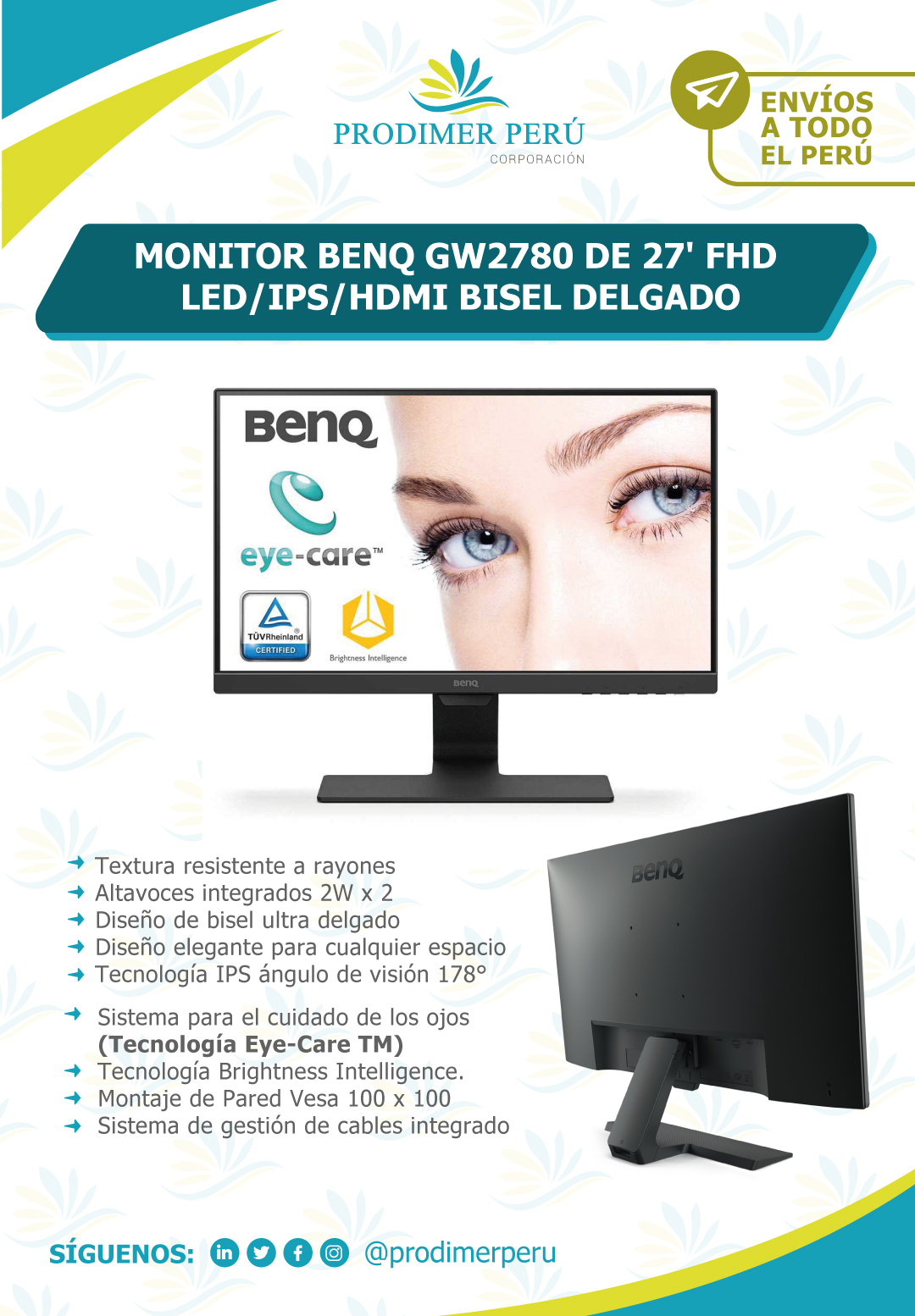 BenQ Monitor de computadora GW2780 IPS 1080P FHD de 27 pulgadas con  altavoces integrados, tecnología patentada de cuidado de los ojos, brillo